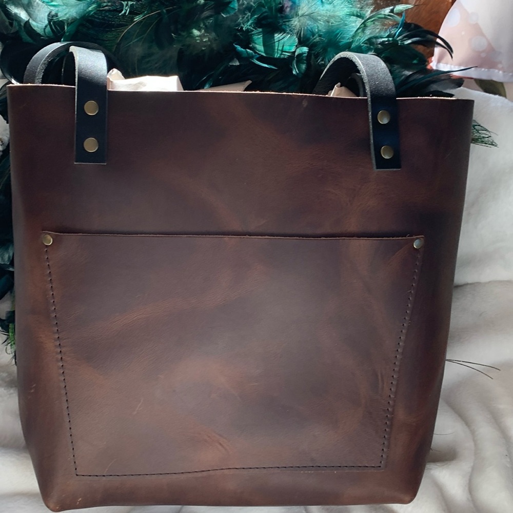 Portland Leather Tamarindo medium tote with black handles.